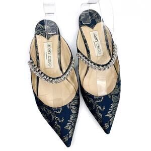 Jimmy Choo Bing Mules Jacquard Flat Crystal Strap Blue Floral Pointed Sz 38 / 8